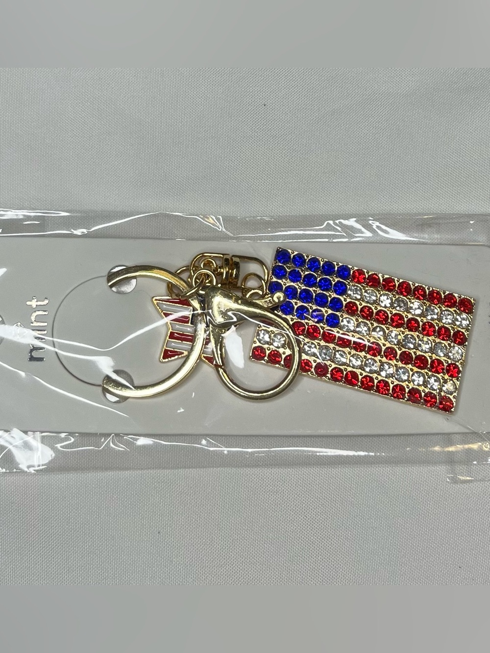 Patriotic Rhinestone Flag Bag Charm Keychain - Gold Tone